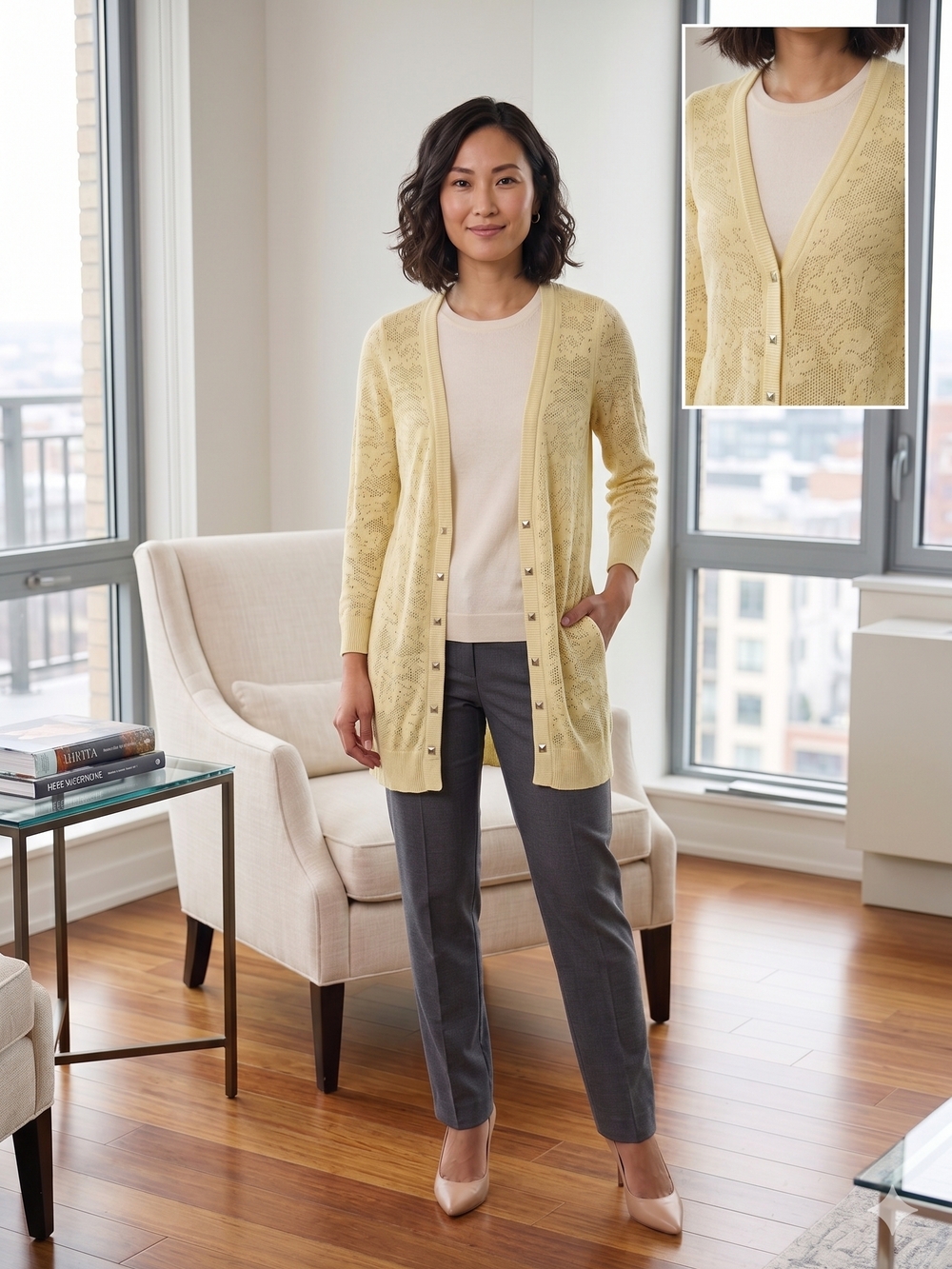 Women’s Lightweight Lace-Panel Cardigan Sweater - Yellow